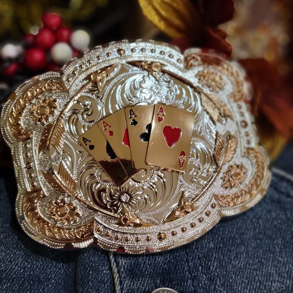 Four Aces Western Belt Buckle Cowboy Fashion Rodeo Jeans Buckle Silver & Roseto